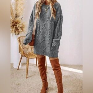 ZAFUL Women’s Cable Knit Sweater Dress Long Sleeve Loose Crew Neck Tunic Dress